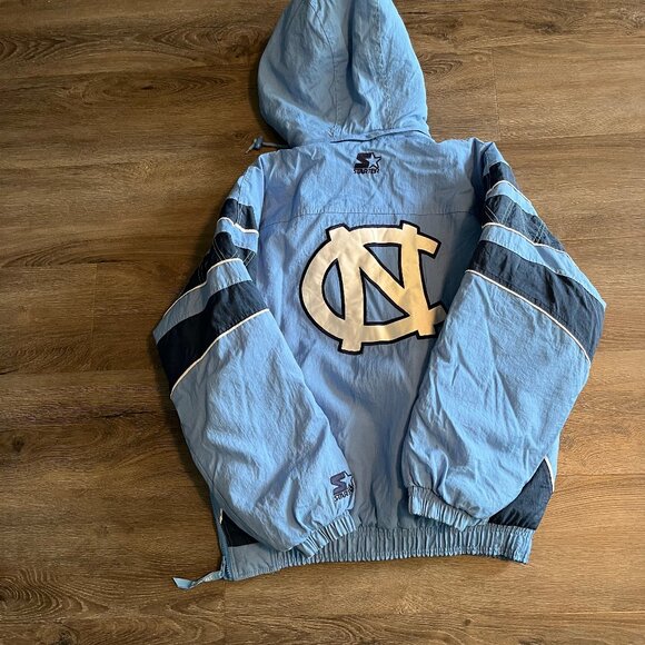 Vintage Starter North Carolina UNC Tar Heels Puffer Jacket Blue Mens L Hooded - Picture 5 of 5